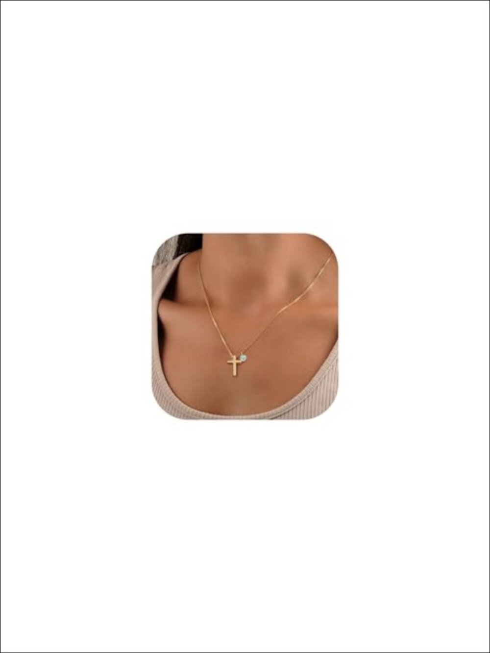 14k Gold Plated Cross Birthstone Necklace Created Aquamarine Pendant 16+2.5"